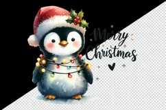 Watercolor cute penguin hat lights Merry Christmas greeting quote print 20 oz tumbler skinny mug wrap clipart t-shirt sublimation printable design