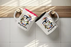 Watercolor cute penguin hat lights Merry Christmas greeting quote print 20 oz tumbler skinny mug wrap clipart t-shirt sublimation printable design