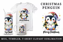Watercolor cute penguin hat lights Merry Christmas greeting quote print 20 oz tumbler skinny mug wrap clipart t-shirt sublimation printable design