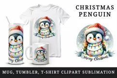 Watercolor cute penguin hat lights Merry Christmas greeting quote print 20 oz tumbler skinny mug wrap clipart t-shirt sublimation printable design