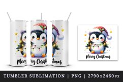 Watercolor cute penguin hat lights Merry Christmas greeting quote print 20 oz tumbler skinny mug wrap clipart t-shirt sublimation printable design