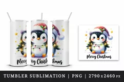 Watercolor cute penguin hat lights Merry Christmas greeting quote print 20 oz tumbler skinny mug wrap clipart t-shirt sublimation printable design
