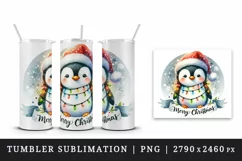 Watercolor cute penguin hat lights Merry Christmas greeting quote print 20 oz tumbler skinny mug wrap clipart t-shirt sublimation printable design