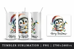 Watercolor cute penguin hat lights Merry Christmas greeting quote print 20 oz tumbler skinny mug wrap clipart t-shirt sublimation printable design