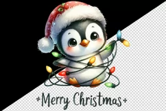 Watercolor cute penguin hat lights Merry Christmas greeting quote print 20 oz tumbler skinny mug wrap clipart t-shirt sublimation printable design