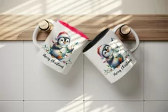 Watercolor cute penguin hat lights Merry Christmas greeting quote print 20 oz tumbler skinny mug wrap clipart t-shirt sublimation printable design