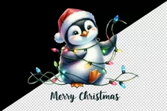Watercolor cute penguin hat lights Merry Christmas greeting quote print 20 oz tumbler skinny mug wrap clipart t-shirt sublimation printable design