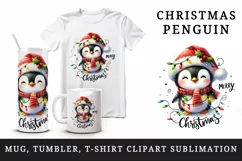 Watercolor cute penguin hat lights Merry Christmas greeting quote print 20 oz tumbler skinny mug wrap clipart t-shirt sublimation printable design