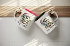 Watercolor cute penguin hat lights Merry Christmas greeting quote print 20 oz tumbler skinny mug wrap clipart t-shirt sublimation printable design
