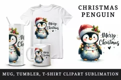 Watercolor cute penguin hat lights Merry Christmas greeting quote print 20 oz tumbler skinny mug wrap clipart t-shirt sublimation printable design