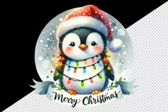 Watercolor cute penguin hat lights Merry Christmas greeting quote print 20 oz tumbler skinny mug wrap clipart t-shirt sublimation printable design