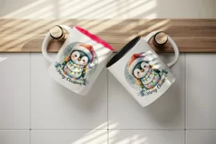Watercolor cute penguin hat lights Merry Christmas greeting quote print 20 oz tumbler skinny mug wrap clipart t-shirt sublimation printable design