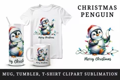 Watercolor cute penguin hat lights Merry Christmas greeting quote print 20 oz tumbler skinny mug wrap clipart t-shirt sublimation printable design