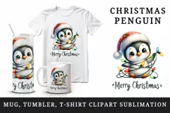 Watercolor cute penguin hat lights Merry Christmas greeting quote print 20 oz tumbler skinny mug wrap clipart t-shirt sublimation printable design