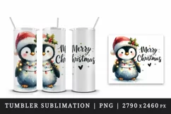 Watercolor cute penguin hat lights Merry Christmas greeting quote print 20 oz tumbler skinny mug wrap clipart t-shirt sublimation printable design