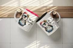 Watercolor cute penguin hat lights Merry Christmas greeting quote print 20 oz tumbler skinny mug wrap clipart t-shirt sublimation printable design