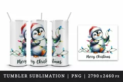 Watercolor cute penguin hat lights Merry Christmas greeting quote print 20 oz tumbler skinny mug wrap clipart t-shirt sublimation printable design