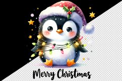Watercolor cute penguin hat lights Merry Christmas greeting quote print 20 oz tumbler skinny mug wrap clipart t-shirt sublimation printable design