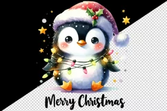 Watercolor cute penguin hat lights Merry Christmas greeting quote print 20 oz tumbler skinny mug wrap clipart t-shirt sublimation printable design