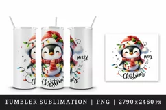 Watercolor cute penguin hat lights Merry Christmas greeting quote print 20 oz tumbler skinny mug wrap clipart t-shirt sublimation printable design