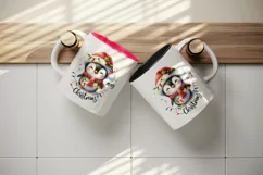 Watercolor cute penguin hat lights Merry Christmas greeting quote print 20 oz tumbler skinny mug wrap clipart t-shirt sublimation printable design