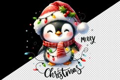 Watercolor cute penguin hat lights Merry Christmas greeting quote print 20 oz tumbler skinny mug wrap clipart t-shirt sublimation printable design