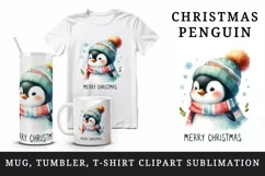 Watercolor cute penguin hat scarf Merry Christmas greeting quote print 20 oz tumbler skinny mug wrap clipart t-shirt sublimation printable design