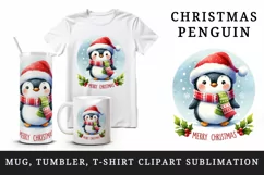 Watercolor cute penguin hat scarf Merry Christmas greeting quote print 20 oz tumbler skinny mug wrap clipart t-shirt sublimation printable design