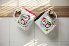 Watercolor cute penguin hat scarf Merry Christmas greeting quote print 20 oz tumbler skinny mug wrap clipart t-shirt sublimation printable design