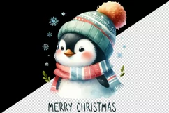 Watercolor cute penguin hat scarf Merry Christmas greeting quote print 20 oz tumbler skinny mug wrap clipart t-shirt sublimation printable design