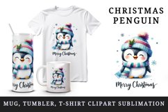 Watercolor cute penguin hat scarf Merry Christmas greeting quote print 20 oz tumbler skinny mug wrap clipart t-shirt sublimation printable design