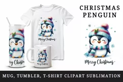 Watercolor cute penguin hat scarf Merry Christmas greeting quote print 20 oz tumbler skinny mug wrap clipart t-shirt sublimation printable design