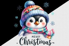 Watercolor cute penguin hat scarf Merry Christmas greeting quote print 20 oz tumbler skinny mug wrap clipart t-shirt sublimation printable design