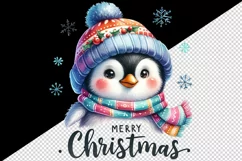 Watercolor cute penguin hat scarf Merry Christmas greeting quote print 20 oz tumbler skinny mug wrap clipart t-shirt sublimation printable design