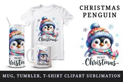 Watercolor cute penguin hat scarf Merry Christmas greeting quote print 20 oz tumbler skinny mug wrap clipart t-shirt sublimation printable design