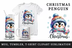 Watercolor cute penguin hat scarf Merry Christmas greeting quote print 20 oz tumbler skinny mug wrap clipart t-shirt sublimation printable design