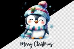 Watercolor cute penguin hat scarf Merry Christmas greeting quote print 20 oz tumbler skinny mug wrap clipart t-shirt sublimation printable design