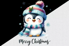 Watercolor cute penguin hat scarf Merry Christmas greeting quote print 20 oz tumbler skinny mug wrap clipart t-shirt sublimation printable design