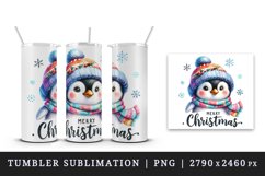 Watercolor cute penguin hat scarf Merry Christmas greeting quote print 20 oz tumbler skinny mug wrap clipart t-shirt sublimation printable design