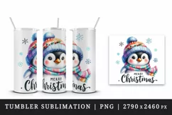 Watercolor cute penguin hat scarf Merry Christmas greeting quote print 20 oz tumbler skinny mug wrap clipart t-shirt sublimation printable design
