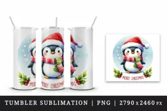 Watercolor cute penguin hat scarf Merry Christmas greeting quote print 20 oz tumbler skinny mug wrap clipart t-shirt sublimation printable design