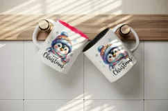 Watercolor cute penguin hat scarf Merry Christmas greeting quote print 20 oz tumbler skinny mug wrap clipart t-shirt sublimation printable design