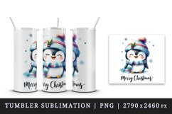 Watercolor cute penguin hat scarf Merry Christmas greeting quote print 20 oz tumbler skinny mug wrap clipart t-shirt sublimation printable design