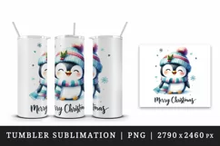 Watercolor cute penguin hat scarf Merry Christmas greeting quote print 20 oz tumbler skinny mug wrap clipart t-shirt sublimation printable design