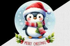 Watercolor cute penguin hat scarf Merry Christmas greeting quote print 20 oz tumbler skinny mug wrap clipart t-shirt sublimation printable design