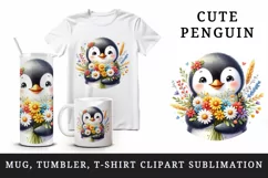 Watercolor cute penguin holding bouquet of bright flowers smile print 20 oz tumbler skinny mug wrap clipart t-shirt sublimation printable design