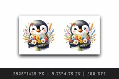 Watercolor cute penguin holding bouquet of bright flowers smile print 20 oz tumbler skinny mug wrap clipart t-shirt sublimation printable design