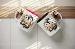 Watercolor cute penguin holding bouquet of bright flowers smile print 20 oz tumbler skinny mug wrap clipart t-shirt sublimation printable design