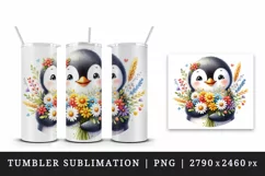 Watercolor cute penguin holding bouquet of bright flowers smile print 20 oz tumbler skinny mug wrap clipart t-shirt sublimation printable design