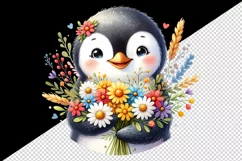 Watercolor cute penguin holding bouquet of bright flowers smile print 20 oz tumbler skinny mug wrap clipart t-shirt sublimation printable design